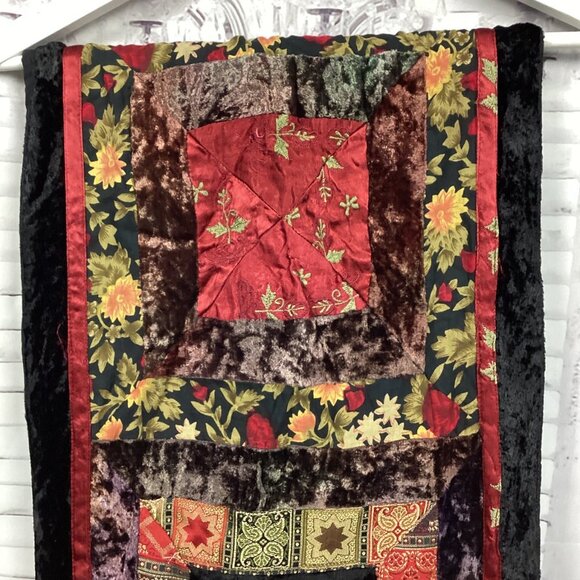 Black Velvet Quilted Boho Table Runner Vintage - Picture 4 of 9